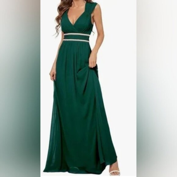 Ever-Pretty Women's Chiffon V Neck Cap Sleeve Backless Gown in Deep Green - Picture 1 of 8